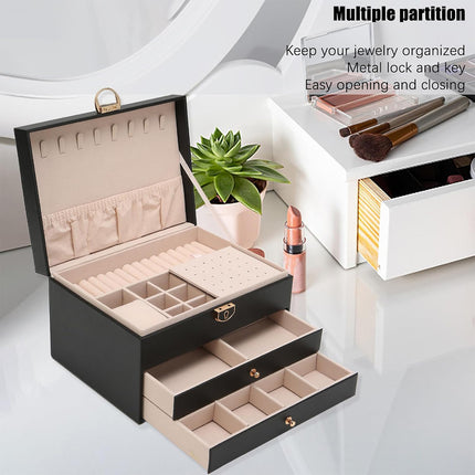 Jewelry Organizer Box 3 Layer leather Storage Case for Rings Earrings Necklaces