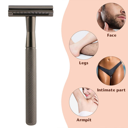 Double Edge Safety Razor Manual Shaver Diamond Grip Grey 10 Blades 4.3 x 10.8cm