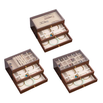 Multi Layer Wooden Jewelry Box Walnut Grain with Compartments Drawers Display