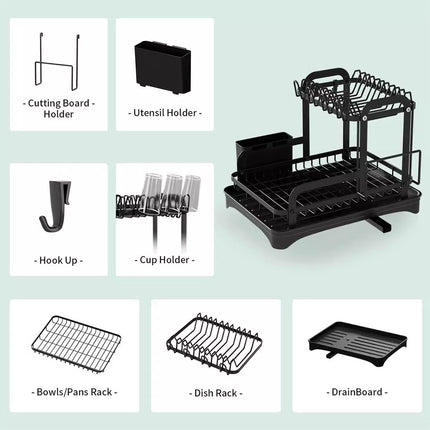 Kitchen Dish Drying Rack 2 Tier Carbon Steel Black 42x30x32cm Telescopic Drain