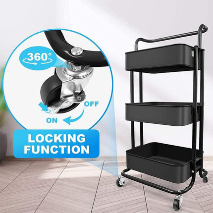 3Tier Trolley Shelf Organiser with Wheels Removable Storage Cart for Home Office
