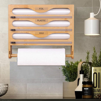 Wall Mounted Plastic Wrap Cutter Bamboo Multi Cell Kitchen Storage Box Organizer
