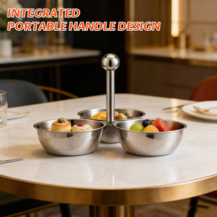 Stainless Steel 3 Bowl Snack Serving Tray Handle