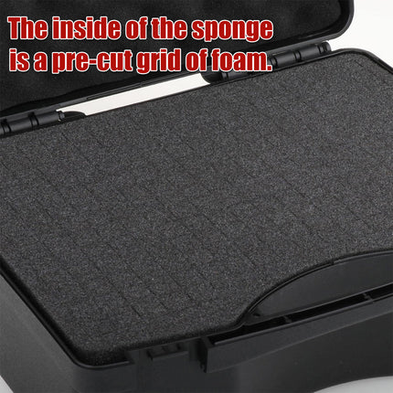 Close-up of black plastic tool box foam insert - grid sponge for securing tools electronics and components