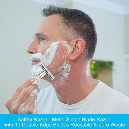 Double Edge Safety Razor Aluminium Zinc Silver 10 Blades 4.3 x 10.8cm