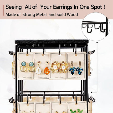 360 Rotation Earring Display Stand Wood Iron Holds 48 Pairs Jewelry Organizer