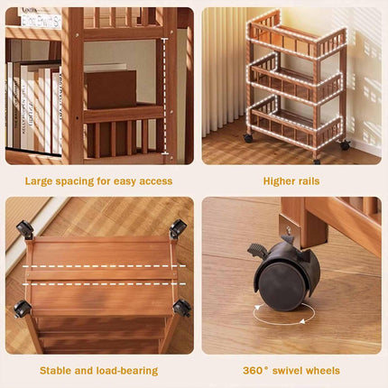 3 Tier Movable Storage Rack with Wheels Sturdy Bamboo for Kitchen Storage Use