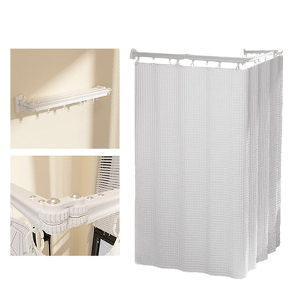 Shower Curtain Set Foldable Rod No Drill Wet Dry Separation White Curtain Set