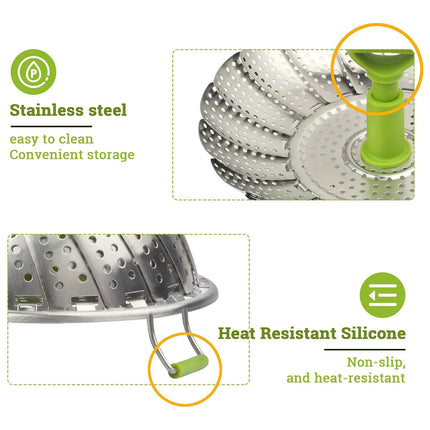 Folding Stainless Steel Steamer Basket Expandable Safe Durable Easy To Use