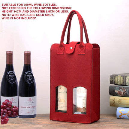 Wine Gift Bag Felt Double Bottle Clear Window Snap Closure Handle Carrier