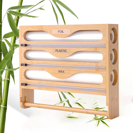 Wall Mounted Plastic Wrap Cutter Bamboo Multi Cell Kitchen Storage Box Organizer