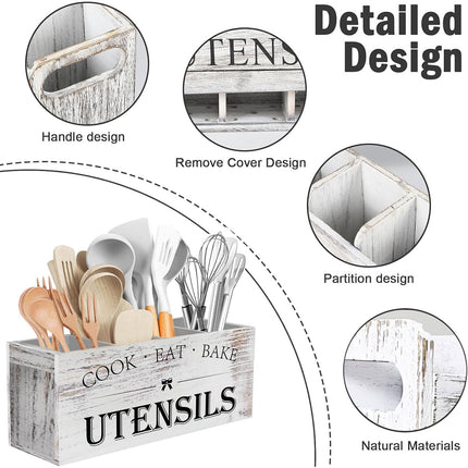 Wooden Rustic Cutlery Organizer Kitchen Utensil Holder Storage Caddy With Handle