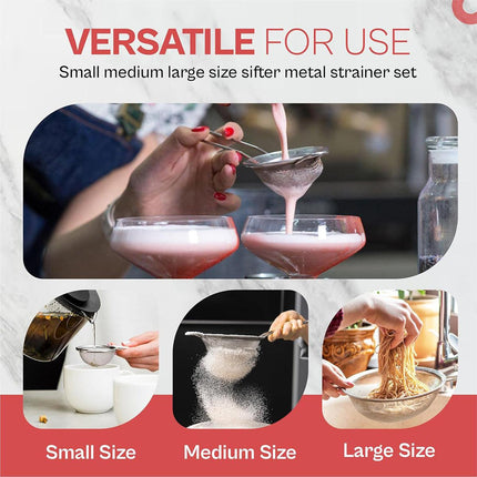 Premium 3pcs Stainless Steel Handheld Flour Sifter Mesh Strainer Funnel Set