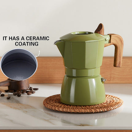 Double Valve Moka Pot Italian Espresso Coffee Maker Aluminium Green Wood Handle