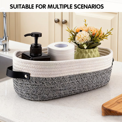 Oval Leather Handle Storage Basket Durable Fabric for Bedroom Closet Organizing