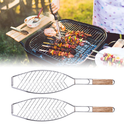 Barbecue Net Clamp Iron Wire Mesh with Wooden Handle for Camping Grill