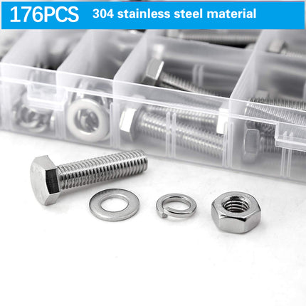 176PCS Stainless Steel Nut Set Silver Hardware Fasteners for Car Home DIY Repair