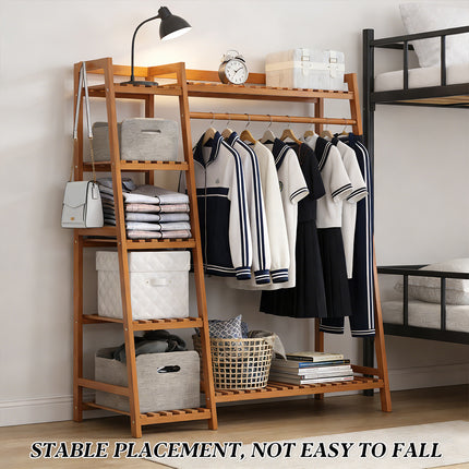 Bamboo Clothes Rack Storage Shelf Hanging Rail Stand With Shelves Hooks