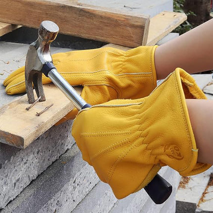 Golden Yellow Cowhide Work Gloves Full Finger Gardening DIY Home Maintenance Use