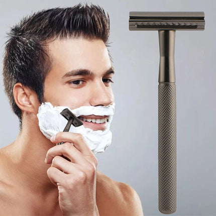 Double Edge Safety Razor Manual Shaver Diamond Grip Grey 10 Blades 4.3 x 10.8cm