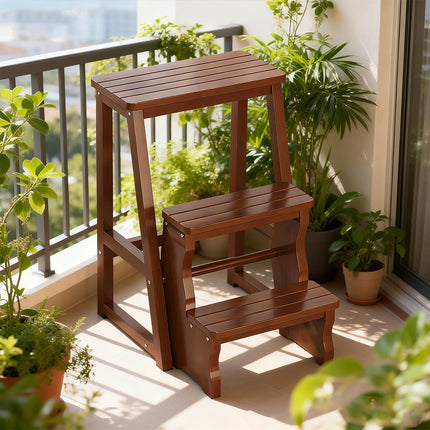 3 Tier Multi Function Bamboo Foldable Step Stool Space Saving Anti-Slip Footrest
