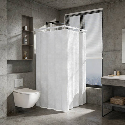 Shower Curtain Set Foldable Rod No Drill Wet Dry Separation White Curtain Set
