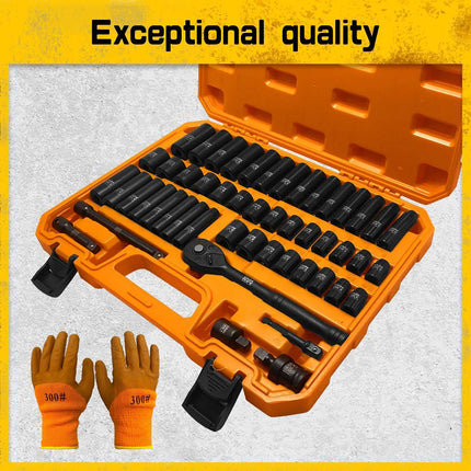 Mechanic Impact Socket Set 50pc Ratchet Wrench Extension Bar with Work Gloves