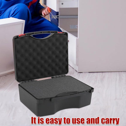 Tool box detail showing dual red secure latch closure mechanism - keeps tools protected during transport