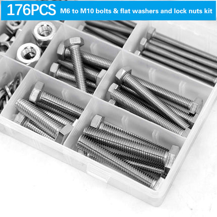 176PCS Stainless Steel Nut Set Silver Hardware Fasteners for Car Home DIY Repair