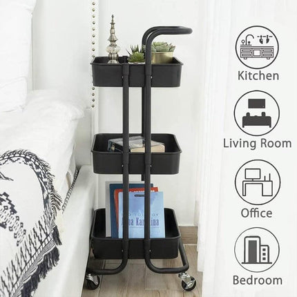 3Tier Trolley Shelf Organiser with Wheels Removable Storage Cart for Home Office
