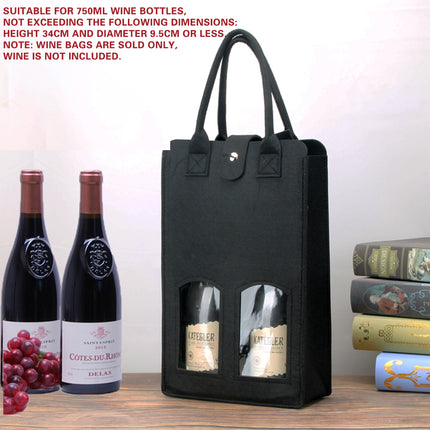 Wine Gift Bag Felt Double Bottle Clear Window Snap Closure Handle Carrier