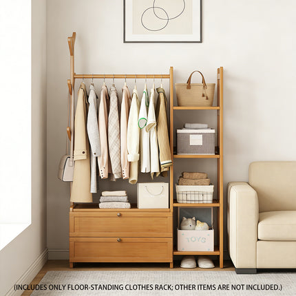 Bamboo Floor-Standing Coat Rack Indoor with Storage Drawer Space Saving Stable