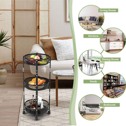 Foldable 3 Tier Rolling Cart Metal Vegetable Storage Basket Organizer Trolley