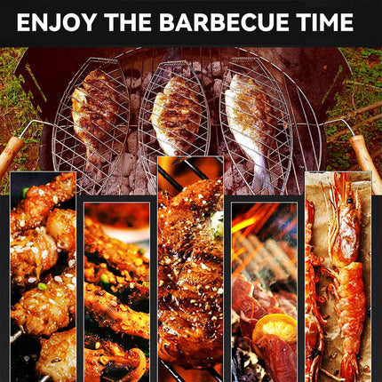 Barbecue Net Clamp Iron Wire Mesh with Wooden Handle for Camping Grill
