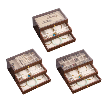Multi Layer Wooden Jewelry Box Walnut Grain with Compartments Drawers Display