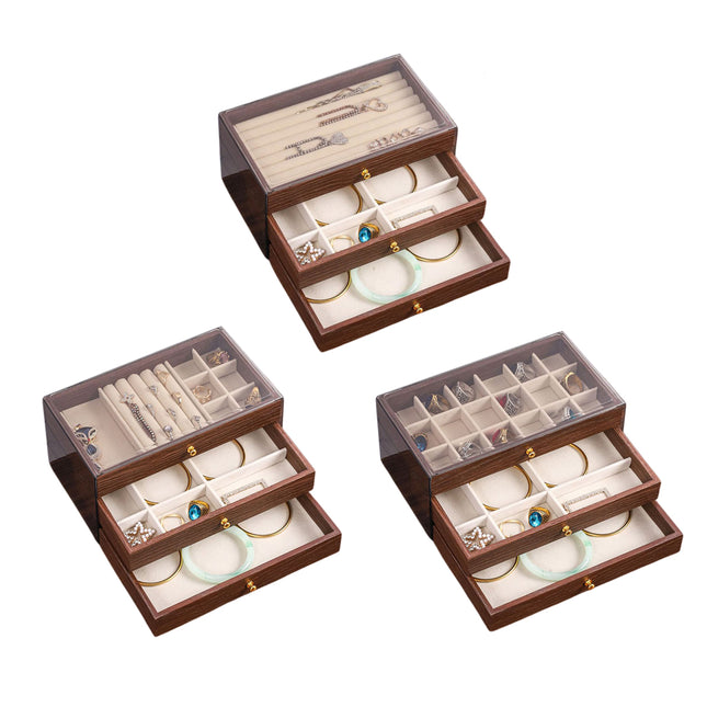 Multi Layer Wooden Jewelry Box Walnut Grain with Compartments Drawers Display