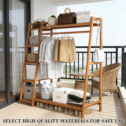 Bamboo Clothes Rack Storage Shelf Hanging Rail Stand With Shelves Hooks