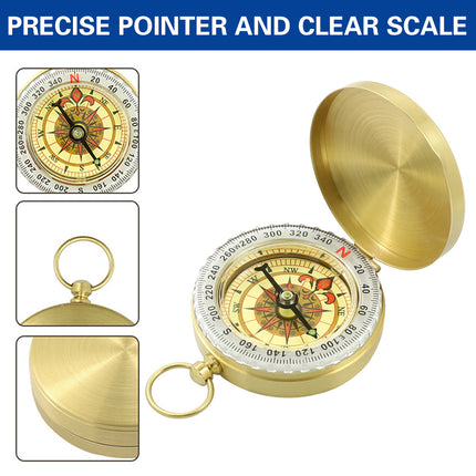 2PCS Copper Compass with Flip Cover and Hook Nightlight Camping Navigation