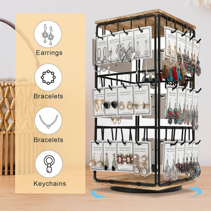 360 Rotation Earring Display Stand Wood Iron Holds 48 Pairs Jewelry Organizer