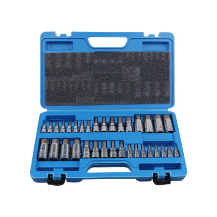 34 Piece Bit Socket Set Hex Torx Spline Chrome Vanadium Steel Mechanic Tool Case