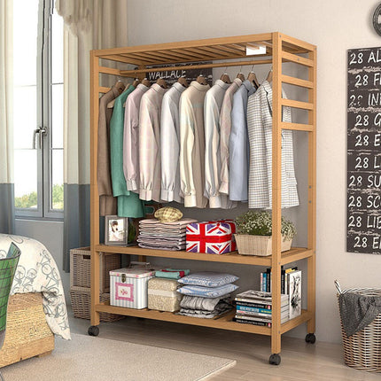 Bamboo Floor-Standing Clothes Rack with Wheels Large Capacity Bedroom Entryway
