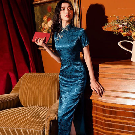 Blue Cheongsam Dress Long Retro Elegant Style Traditional Chinese Qipao Vintage