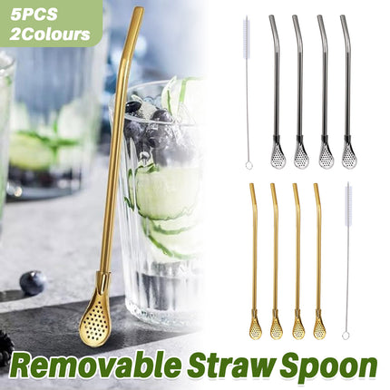 5pcs Stainless Steel Straw Spoon Removable Filter Reusable Tea Juice Stirrer