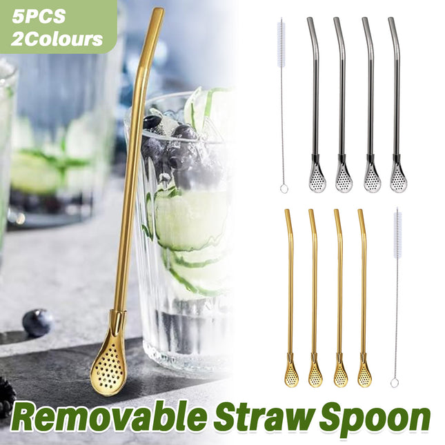 5pcs Stainless Steel Straw Spoon Removable Filter Reusable Tea Juice Stirrer
