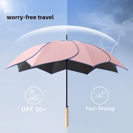 Long Handled Umbrella Petal Shape Dual Use Sun Rain 100cm Steel Wooden Handle