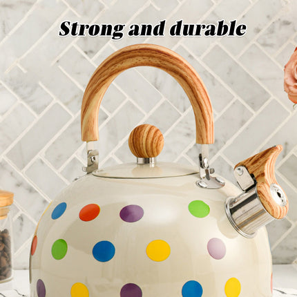 3L Stainless Steel Polka Dot Whistling Kettle Wooden Handle Gas Electric Stove