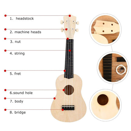 DIY Ukulele Kit 21 inch Natural Wood Paint Round Heart Sound Hole Beginner