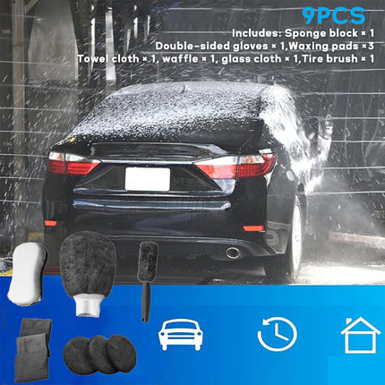 9PCS Car Cleaning Kit Microfiber Towel Wax Sponge Wheel Brush Gloves Set Use