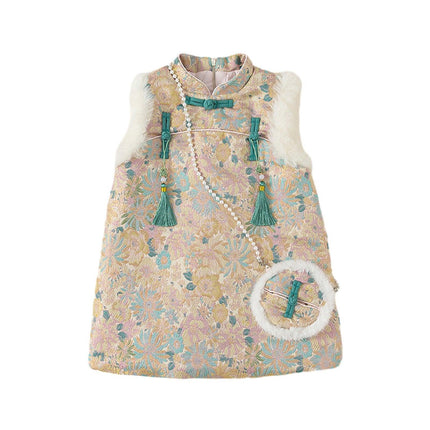 Floral Cheongsam Dress with Buckle and Plush Trim Traditional Style Outfit for Girls