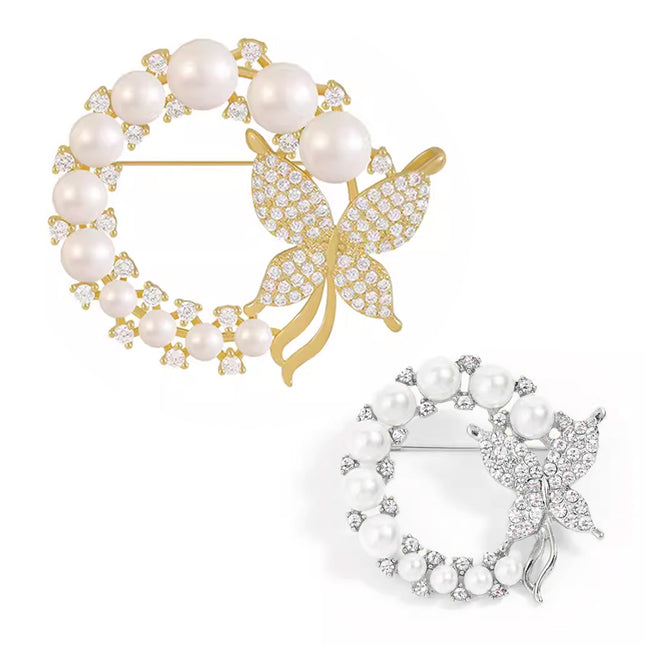Pearl Butterfly Brooch Pin Round Crystal Wreath Gold Tone Fashion Pin